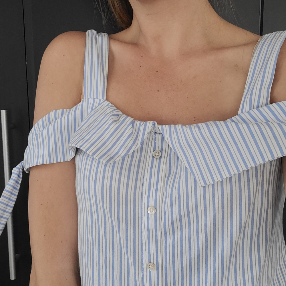 Blue and white striped off the shoulder tank top